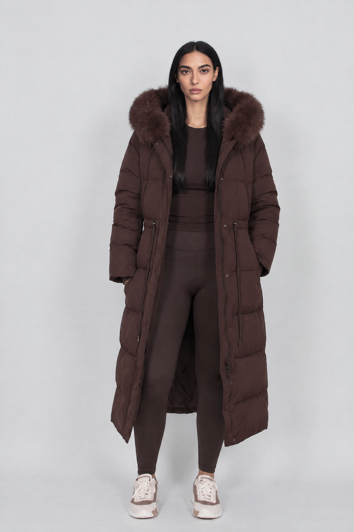 Briar Hooded Puffer Coat in brown, front view