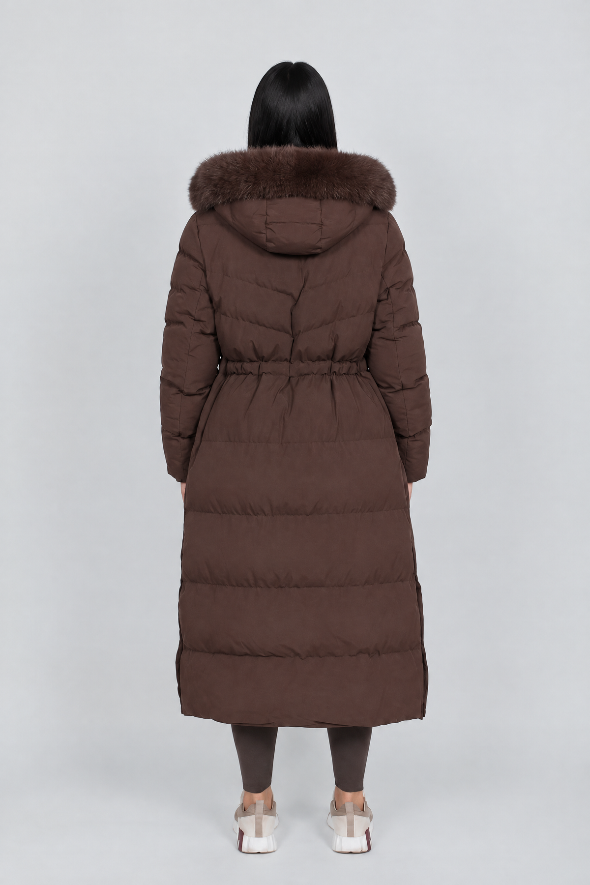 Briar Hooded Puffer Coat in brown, back view