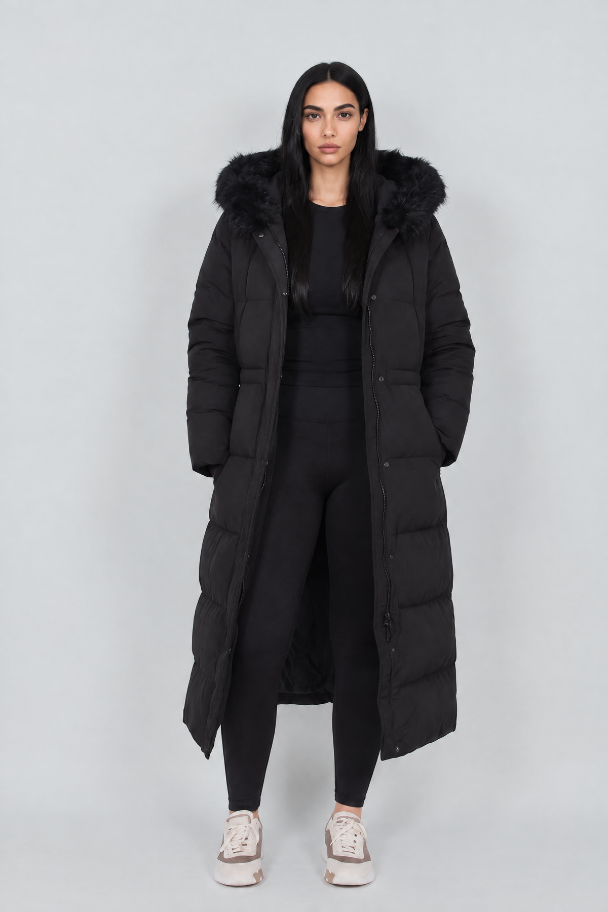 Briar Hooded Puffer Coat in black, front view